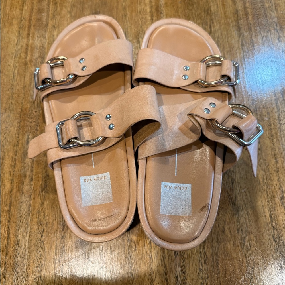 Dolce Vita Beige Slide Sandals with Silver Buckles